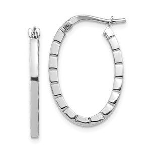 14k White Gold Striped Edge Oval Hoop Earrings